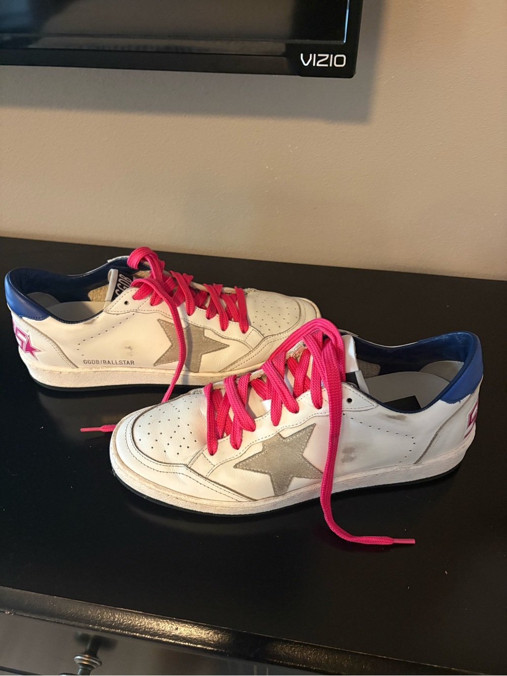Golden Goose White Sneakers with Pink Laces and Blue Heel - Picture 1 of 6